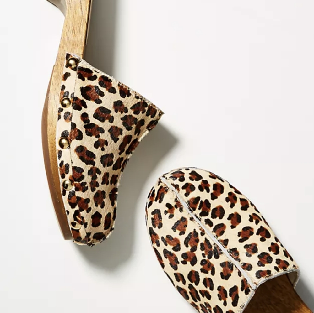 Anthropologie Bird of Flight Leopard Ponyhair Clog